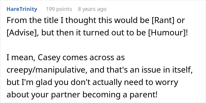 Comment discussing humorous twist in open relationship and infertility story.