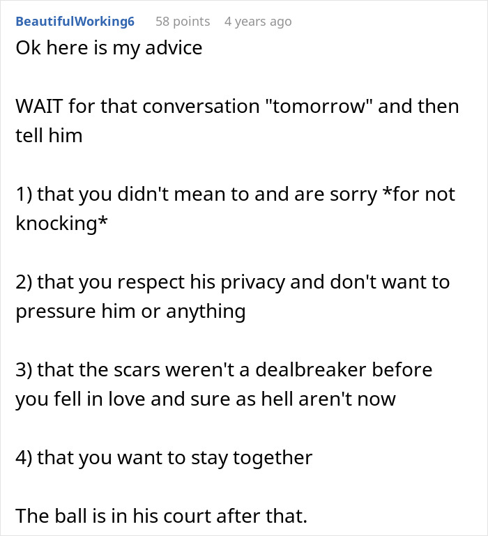 Advice on relationship issues concerning scars and communication boundaries.