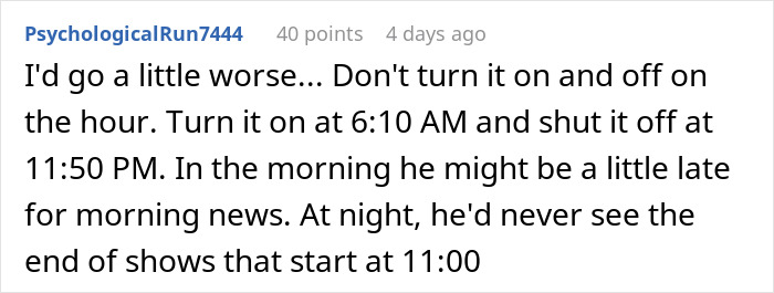 Comment detailing time restrictions mimicking the man's rules from the article. Comment detailing time restrictions mimicking the man's rules from the article.