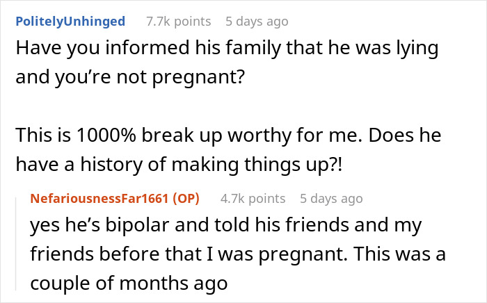 Comments discussing a woman's fianc&eacute; announcing a false pregnancy.