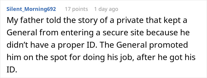 Text post sharing a story about a worker complying with a rule, leading to unexpected praise from a CEO-like figure.