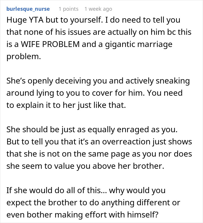 Reddit comment discussing a brother-in-law mooching and family dynamics.