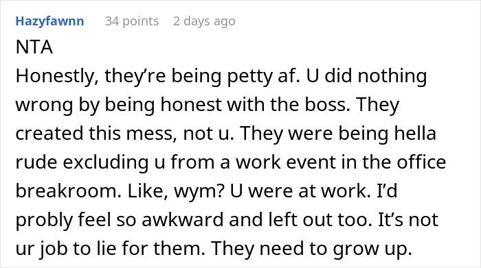 Reddit comment criticizing office mean girls for excluding a coworker from a party.
