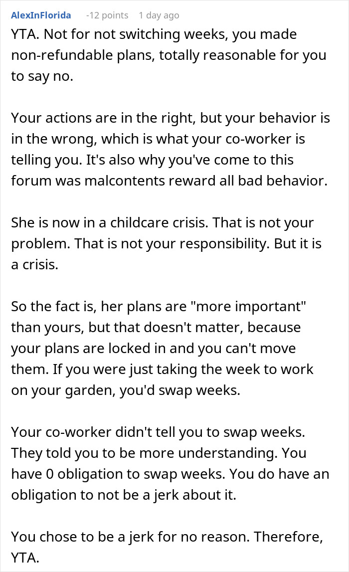 Reddit comment discussing coworker conflict over vacation plans amidst a childcare crisis. Reddit comment discussing coworker conflict over vacation plans amidst a childcare crisis.