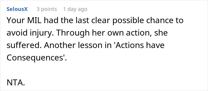 Reddit comment discussing MIL injury, emphasizing consequences of self-inflicted actions. Reddit comment discussing MIL injury, emphasizing consequences of self-inflicted actions.