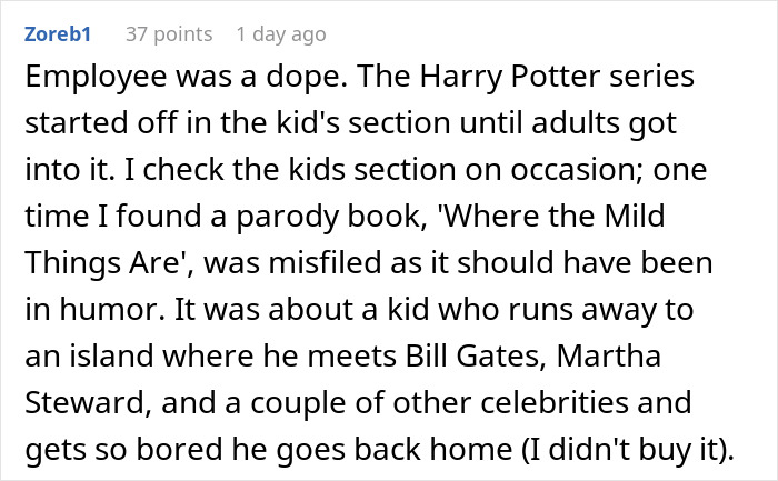 Text conversation about bookstore incident regarding age and children's section.