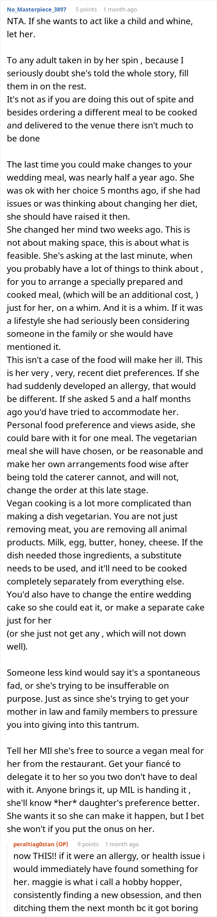 Text response to a vegan's late request for wedding menu change, highlighting meal preferences and planning challenges.