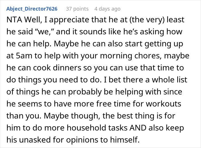 Reddit comment discussing a husband fat-shaming his wife, offering advice on shared chores and supportive behavior. Reddit comment discussing a husband fat-shaming his wife, offering advice on shared chores and supportive behavior.