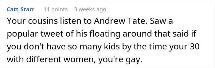 Text message discussing Andrew Tate's controversial tweet about having kids with different women.