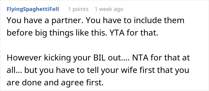 Text exchange about telling a partner before decisions, mentioning brother-in-law and opinions on actions taken.