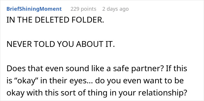 Text from an online forum about a partner hiding a photo of them and a work spouse in a sauna.