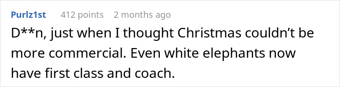 Text comment about commercialized Christmas and gift exchange drama.