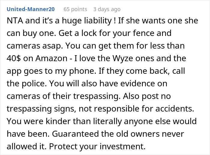 Reddit comment advising house owner on neighbor&rsquo;s kids trespassing in their pool area, suggesting security measures.