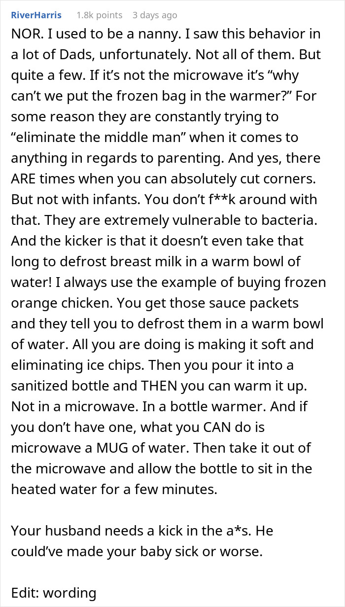 Text from a nanny discussing dangers of microwaving breast milk for infants.