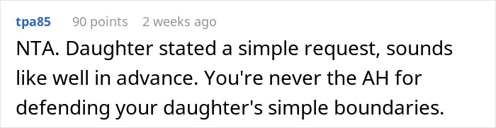 Text screenshot of a comment supporting a daughter's Sweet 16 rules and respecting boundaries.