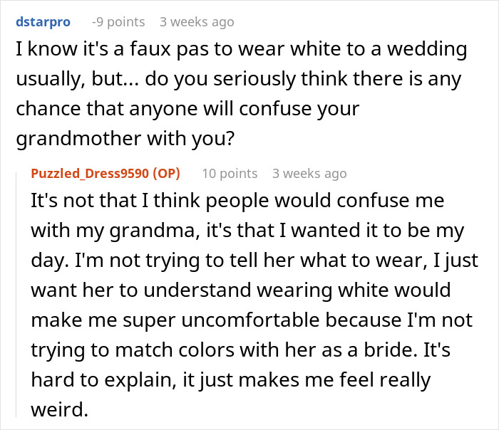Discussion about bride's request for grandmother not to wear white at wedding, citing discomfort with color matching.