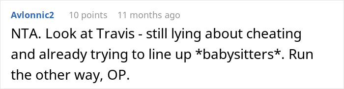 Comment about a guy marrying ex-girlfriend's cousin, mentioning cheating and babysitters.