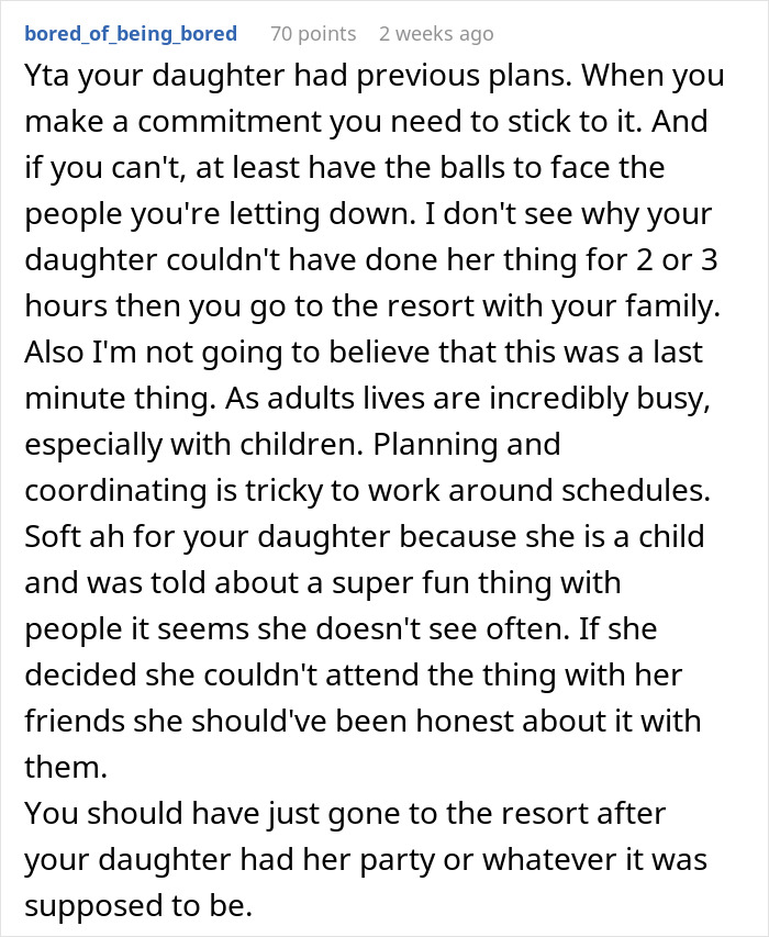 Text criticism of a parent prioritizing a family trip over daughter's promised plans with friends.