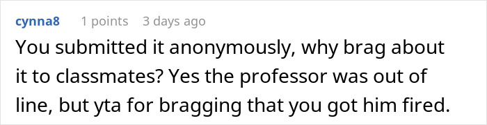 Comment discussing professor's sexist remarks, anonymity, and consequences.