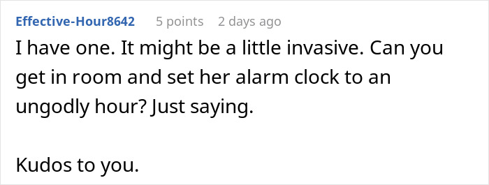 Comment discussing controlling tendencies and offering a humorous suggestion about setting an alarm clock to a very early time. Comment discussing controlling tendencies and offering a humorous suggestion about setting an alarm clock to a very early time.