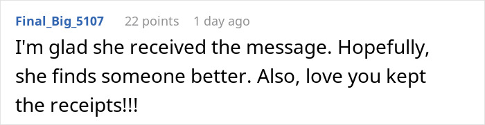 Reddit comment discussing dating neighbor's husband, expressing satisfaction and humor about keeping receipts.