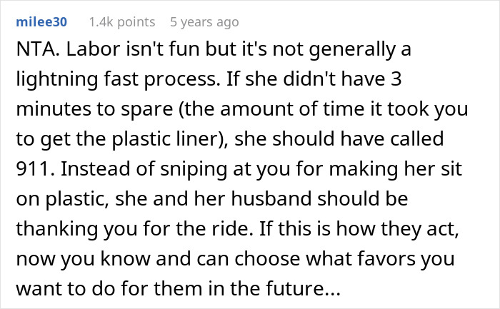 Text comment about waterproofing car with trash bags for a pregnant neighbor's ride, with a reference to calling 911. Text comment about waterproofing car with trash bags for a pregnant neighbor's ride, with a reference to calling 911.