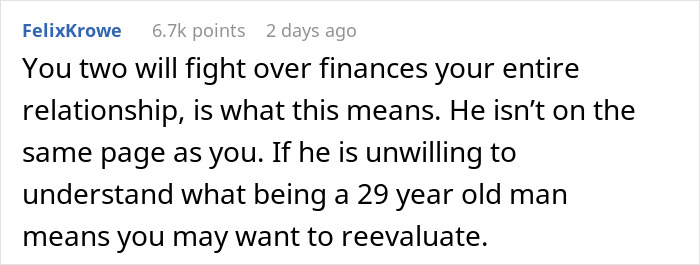 Comment advises reevaluation over financial disputes due to lack of understanding, hinting at gaslighting issues.