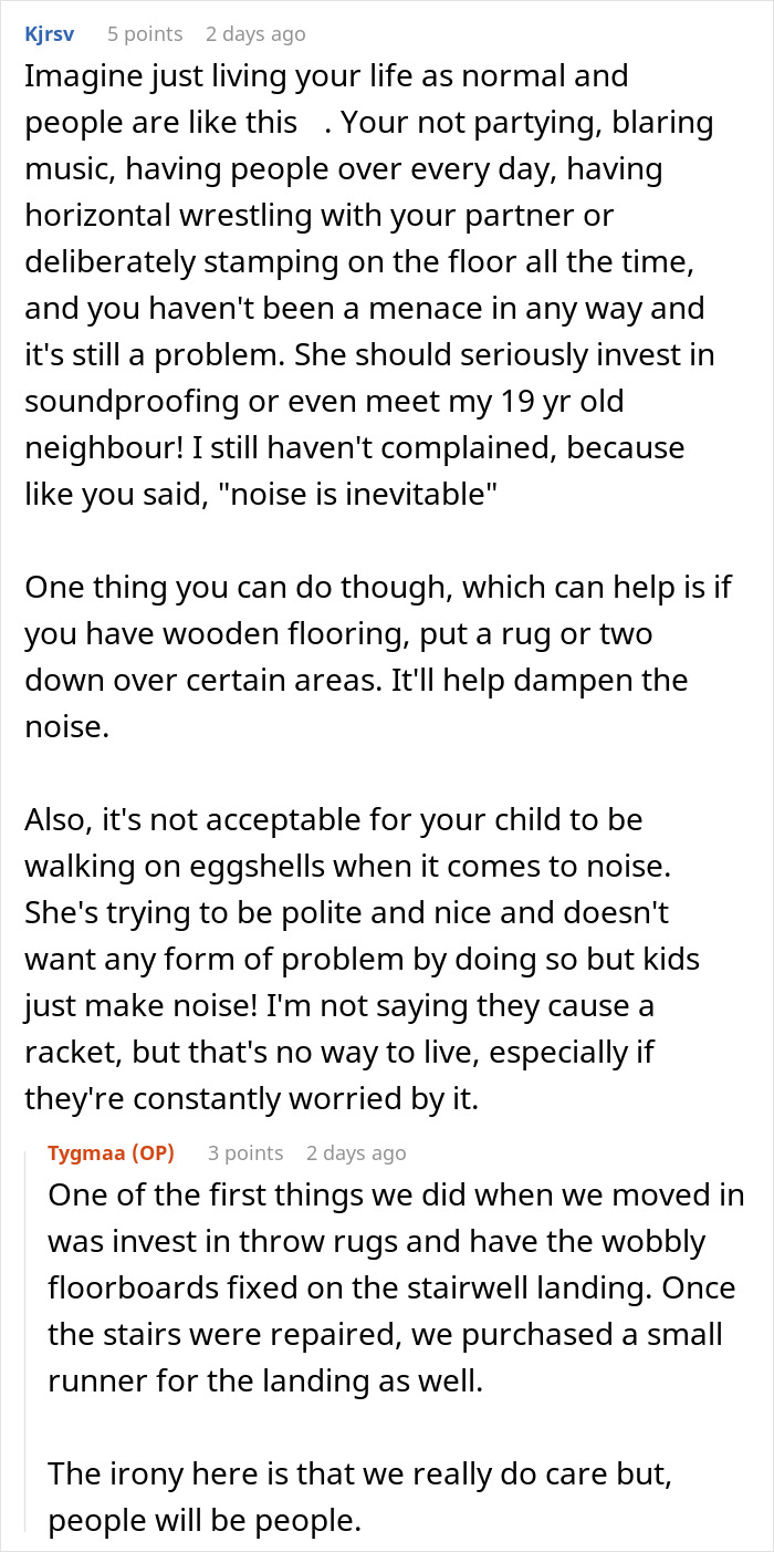 Reddit discussion about neighbor noise complaints and soundproofing solutions, including adding rugs to reduce noise.