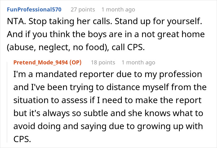 Comments about using sister as a babysitter, discussing boundaries and concerns about child safety.