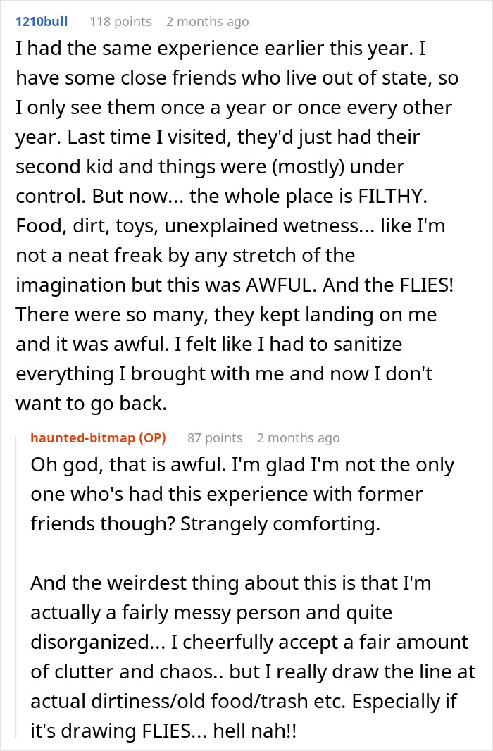 Discussion about messy home visit, sticky floors, screaming kids, and dirty surfaces among friends. Discussion about messy home visit, sticky floors, screaming kids, and dirty surfaces among friends.