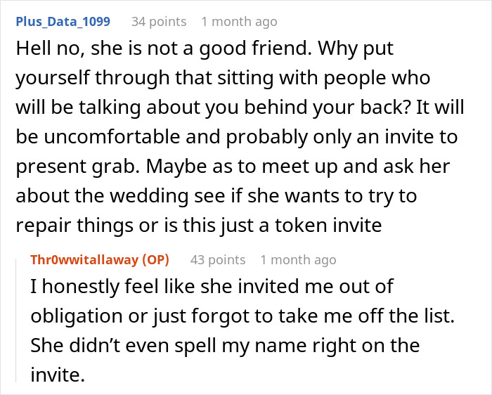 Reddit comments discussing discomfort over a wedding invitation, linked to marrying an ex-girlfriend's cousin. Reddit comments discussing discomfort over a wedding invitation, linked to marrying an ex-girlfriend's cousin.