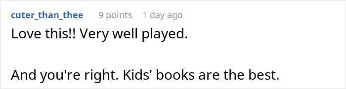 Comment praising a humorous post about being too old for the children's book section.