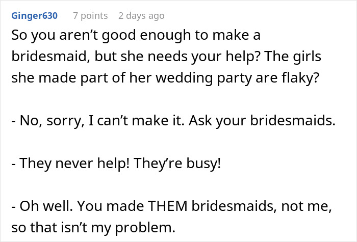 Text exchange about a bride requesting free labor from a friend for wedding prep, despite not being in the wedding party. Text exchange about a bride requesting free labor from a friend for wedding prep, despite not being in the wedding party.