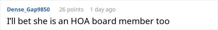 Reddit comment humorously speculating about someone being an HOA board member in a business attire discussion.