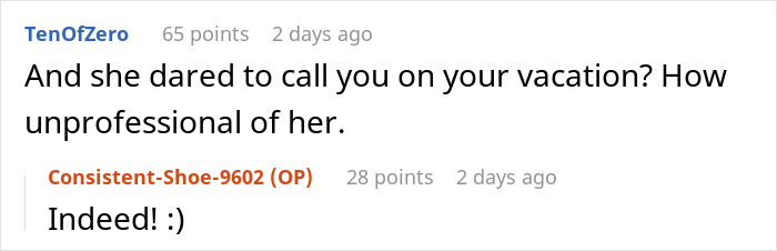 Reddit comments discussing a boss's unprofessional behavior, with replies supporting malicious compliance.