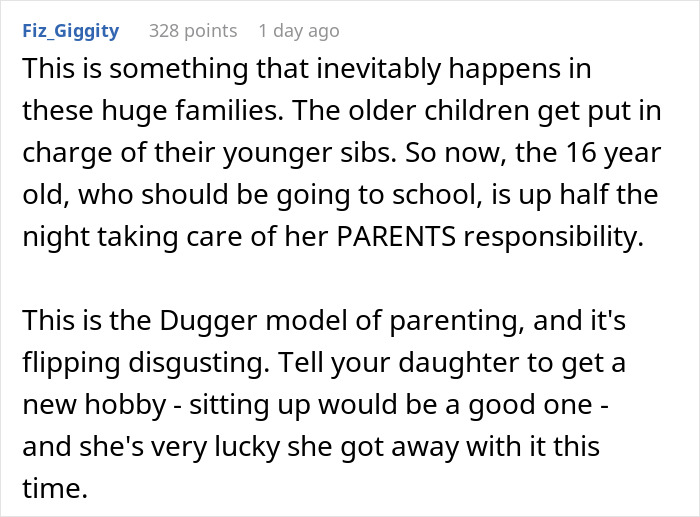 Reddit comment criticizing a daughter for making a teen stay up with newborn siblings, mentioning a parenting model. Reddit comment criticizing a daughter for making a teen stay up with newborn siblings, mentioning a parenting model.