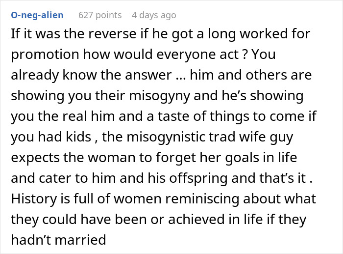Reddit comment discussing gender roles and promotion refusal in a marriage context.