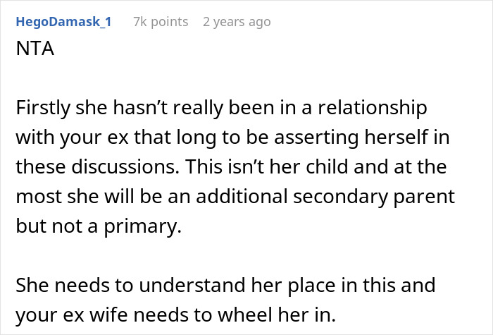 Reddit comment discussing a woman asserting parental rights over her partner&rsquo;s baby, emphasizing boundaries and relationship roles.