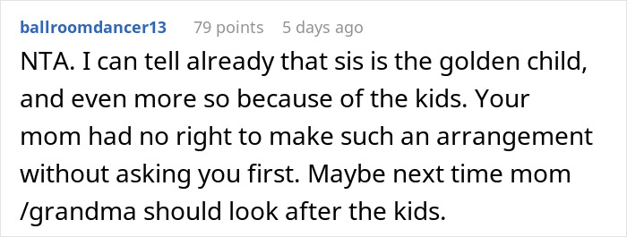 Text comment discussing a woman's refusal to babysit, suggesting mom should look after the kids.