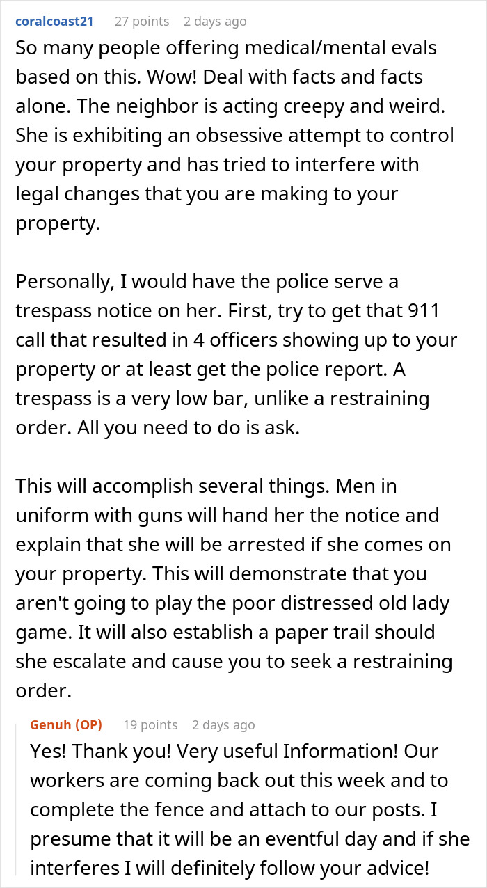 Online forum discussion about neighbor's obsessive behavior over fence dispute, police involvement suggested.
