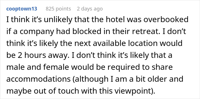 Reddit user comment discussing unlikely hotel overbooking during a retreat, questioning shared accommodations.