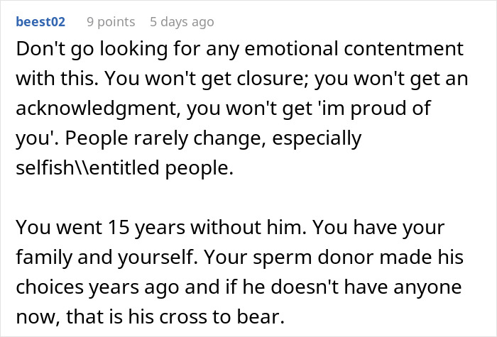 Text conversation discussing a father who left 15 years ago, now seeking care in his final days.