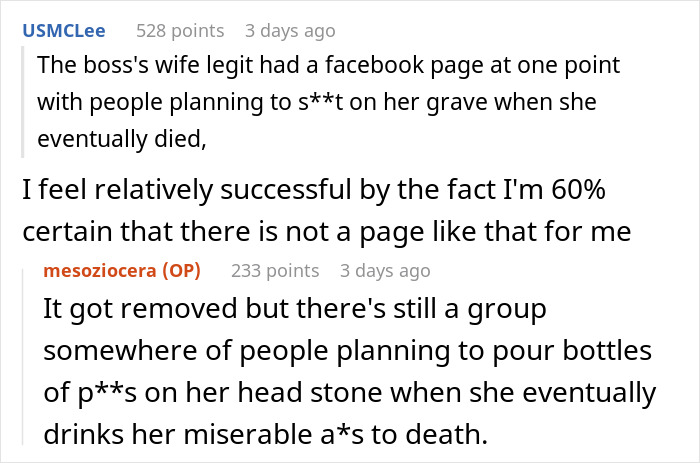Text exchange about a disliked female boss and plans for an online group defaming her after death. Text exchange about a disliked female boss and plans for an online group defaming her after death.