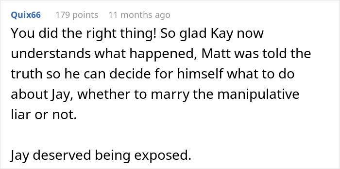 Reddit comment discussing a sister lying to her sister's crush by claiming she has a boyfriend.