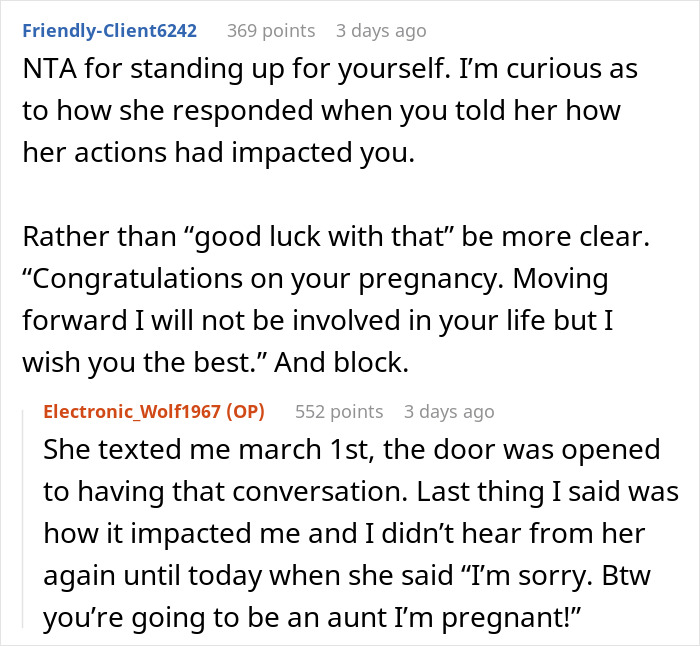 Text exchange discussing a woman ghosting her friend and then announcing her pregnancy, leading to being blocked.