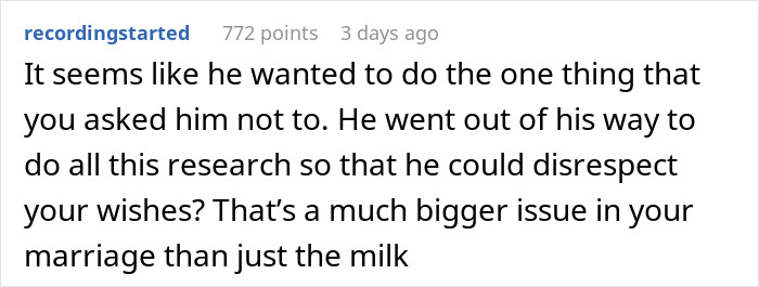 Reddit comment about dad microwaving wife's breast milk despite her warnings, highlighting marital issues.