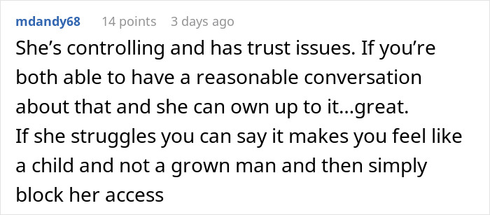Reddit comment discussing issues of trust and control in a relationship.