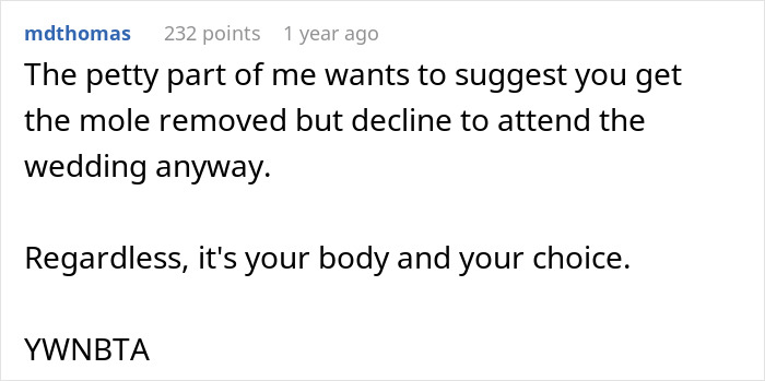 Comment discussing bridesmaid's choice on face surgery request by bride. Comment discussing bridesmaid's choice on face surgery request by bride.