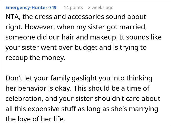 Reddit comment discussing bridesmaid fee and wedding budget concerns.