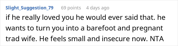 Screenshot of a Reddit comment discussing refusing to give up a promotion for a husband.